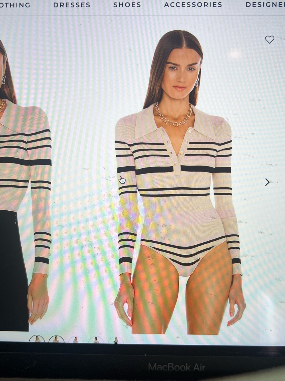 Striped Ribbed Long-Sleeve Polo Bodysuit - Cream/Black